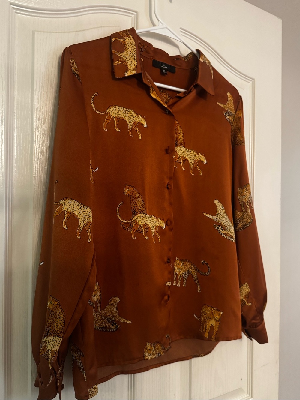 Animal-Print Button-Up Satiny Shirt